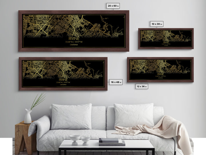Irvine California Poster, Panoramic street map, black and gold, Metallic Gold Art, Metal Art, wood framed map, Wall Art, Housewarming Gift