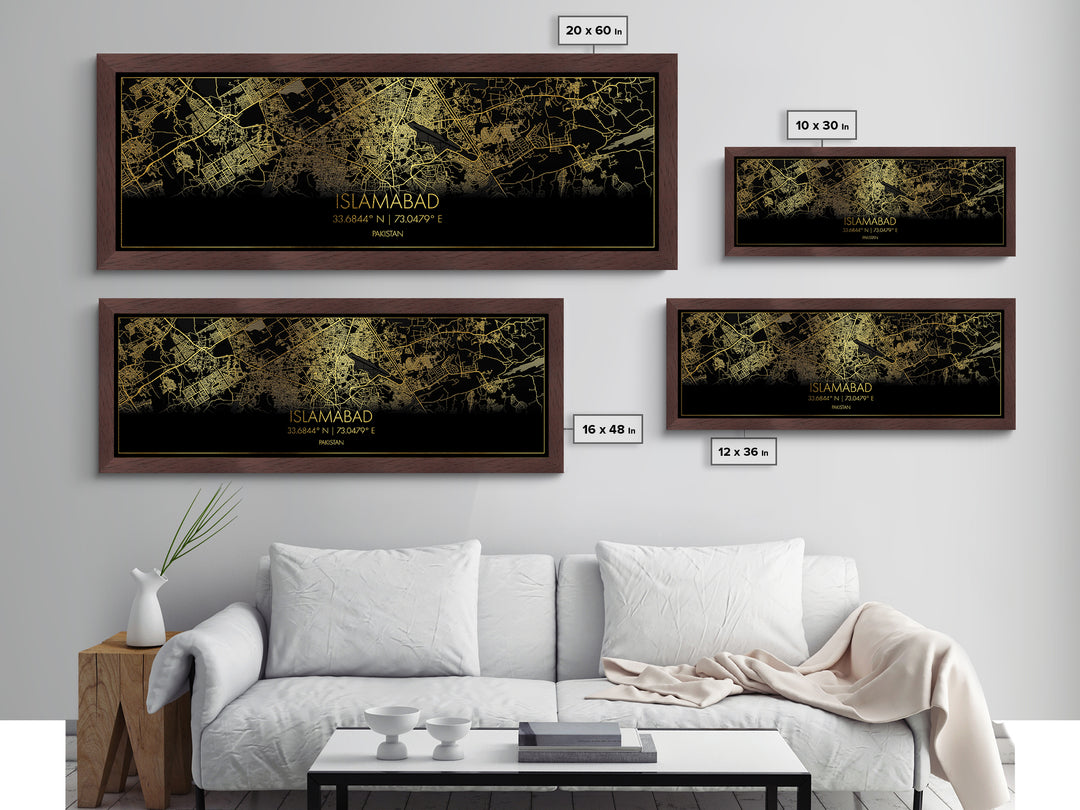 Islamabad Pakistan City Poster, Panoramic street map, black and gold, Metallic Gold Art, Metal Art, wood framed map, Minimalist Wall Art
