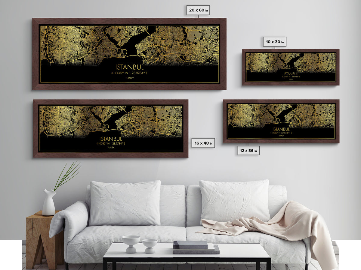 Istanbul Turkey map, Panoramic art, black and gold, Metallic Gold Print, Metal Art, real wood frames, Street Map Art, Best Friend Gifts