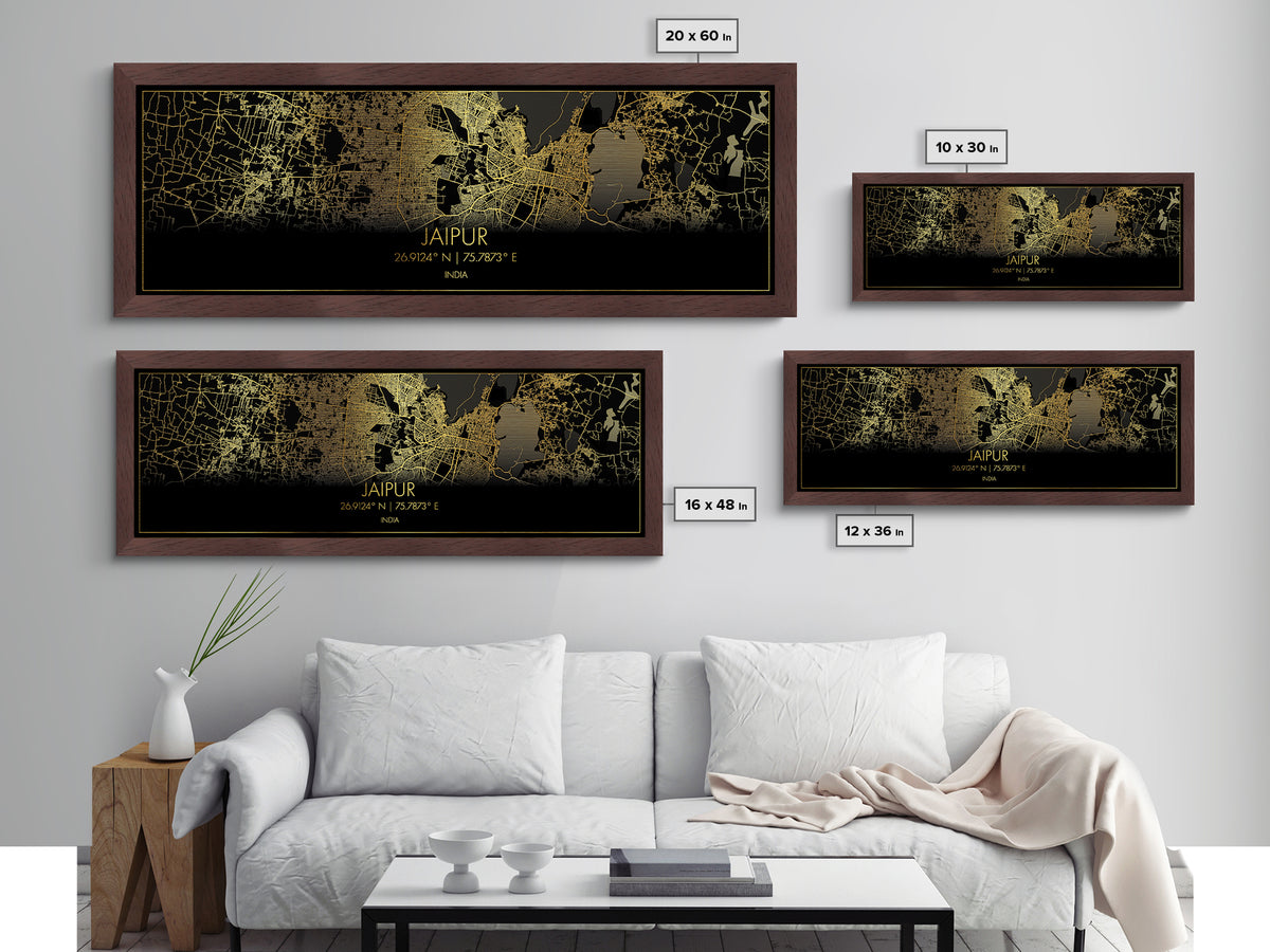 Jaipur India City Poster, Panoramic street map, black and gold, Metallic Gold Art, Metal Art, wood framed map, Street Map Art