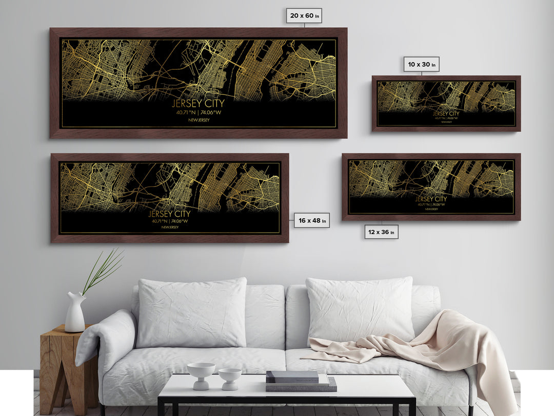 Jersey City New Jersey City street map, Panoramic art, black and gold, Metallic Gold Print, Metal Art, real wood frames, Minimalist Wall Art