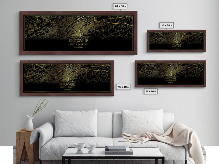 Knoxville Tennessee City street map, Panoramic art, black and gold, Metallic Gold Print, Metal Art, real wood frames, Best Friend Gifts