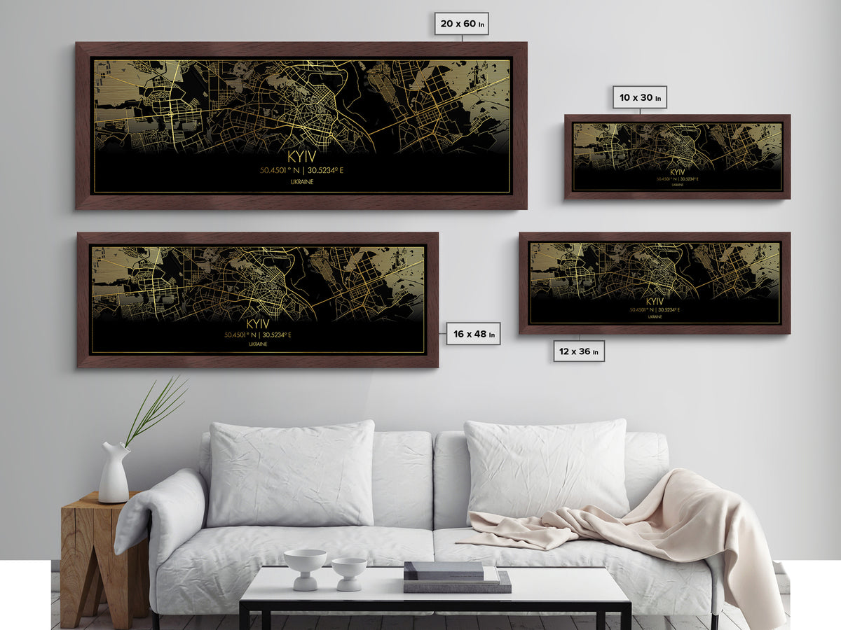 Kyiv Ukraine City Poster, Panoramic street map, black and gold, Metallic Gold Art, Metal Art, wood framed map, Wall Art, College Dorm Décor