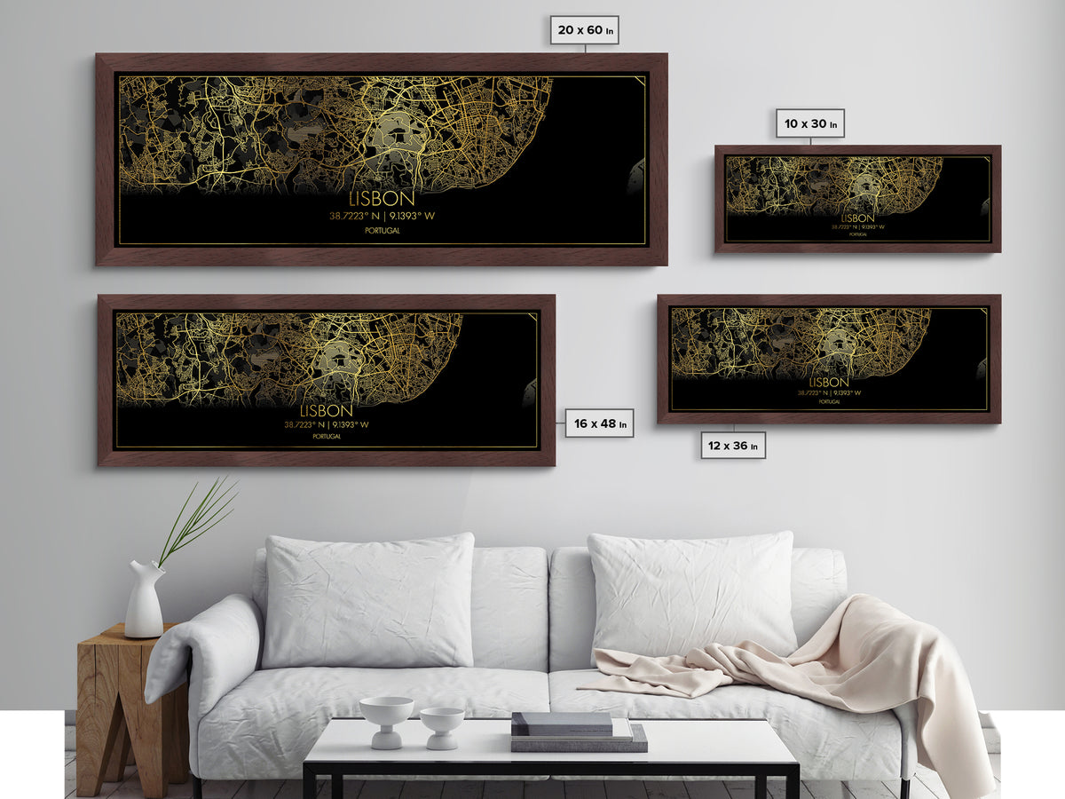 Lisbon Portugal map, Panoramic art, black and gold, Metallic Gold Print, Metal Art, real wood frames, Modern Wall Art, Housewarming Gift