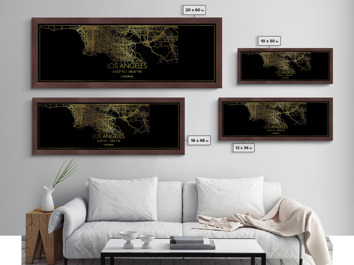 Los Angeles California map, Panoramic art, black and gold, Metallic Gold Print, Metal Art, real wood frames, Modern House Art, Street Map