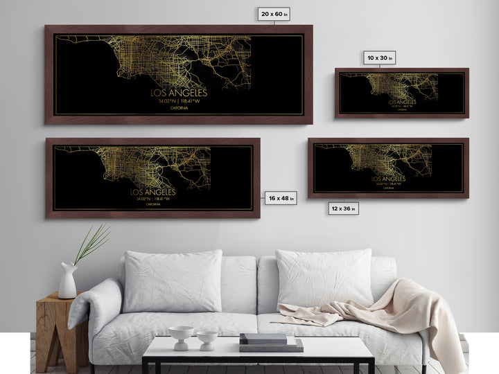 Los Angeles California map, Panoramic art, black and gold, Metallic Gold Print, Metal Art, real wood frames, Modern House Art, Street Map
