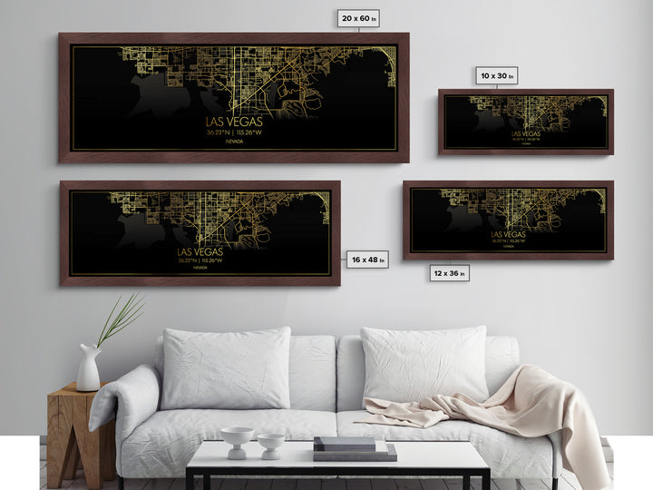 Las Vegas Nevada City street map, Panoramic art, black and gold, Metallic Gold Print, Metal Art, real wood frames, Street Map Art