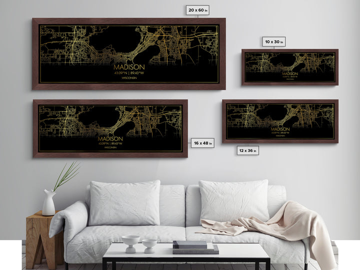Madison Wisconsin City street map, Panoramic art, black and gold, Metallic Gold Print, Metal Art, real wood frames, Wall Art, Minimalist Art