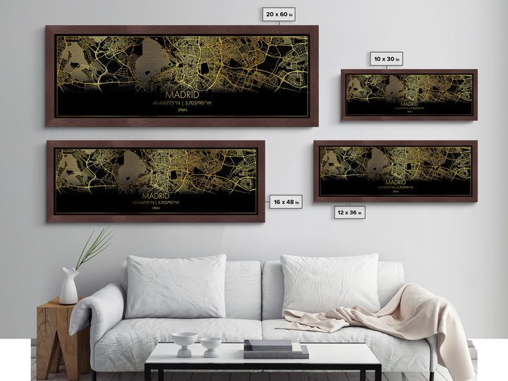 Madrid Spain City Poster, Panoramic street map, black and gold, Metallic Gold Art, Metal Art, wood framed map, College Dorm Décor