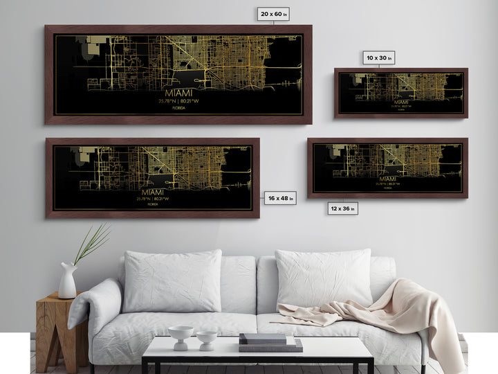 Miami Florida City street map, Panoramic art, black and gold, Metallic Gold Print, Metal Art, real wood frames, Office Decor, Wall Art