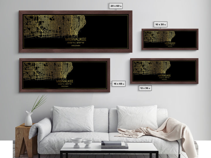 Milwaukee Wisconsin City street map, Panoramic art, black and gold, Metallic Gold Print, Metal Art, real wood frames, Minimalist Wall Art