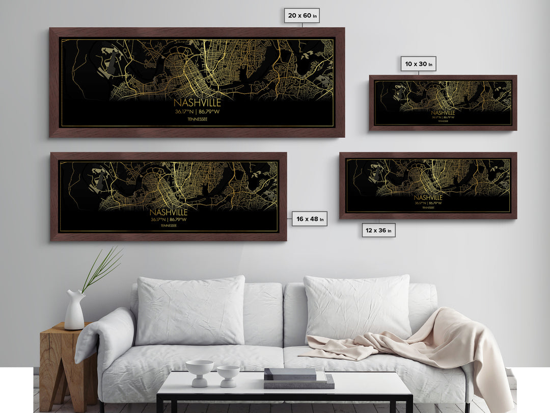 Nashville Tennessee City street map, Panoramic art, black and gold, Metallic Gold Print, Metal Art, real wood frames, Map Print Poster