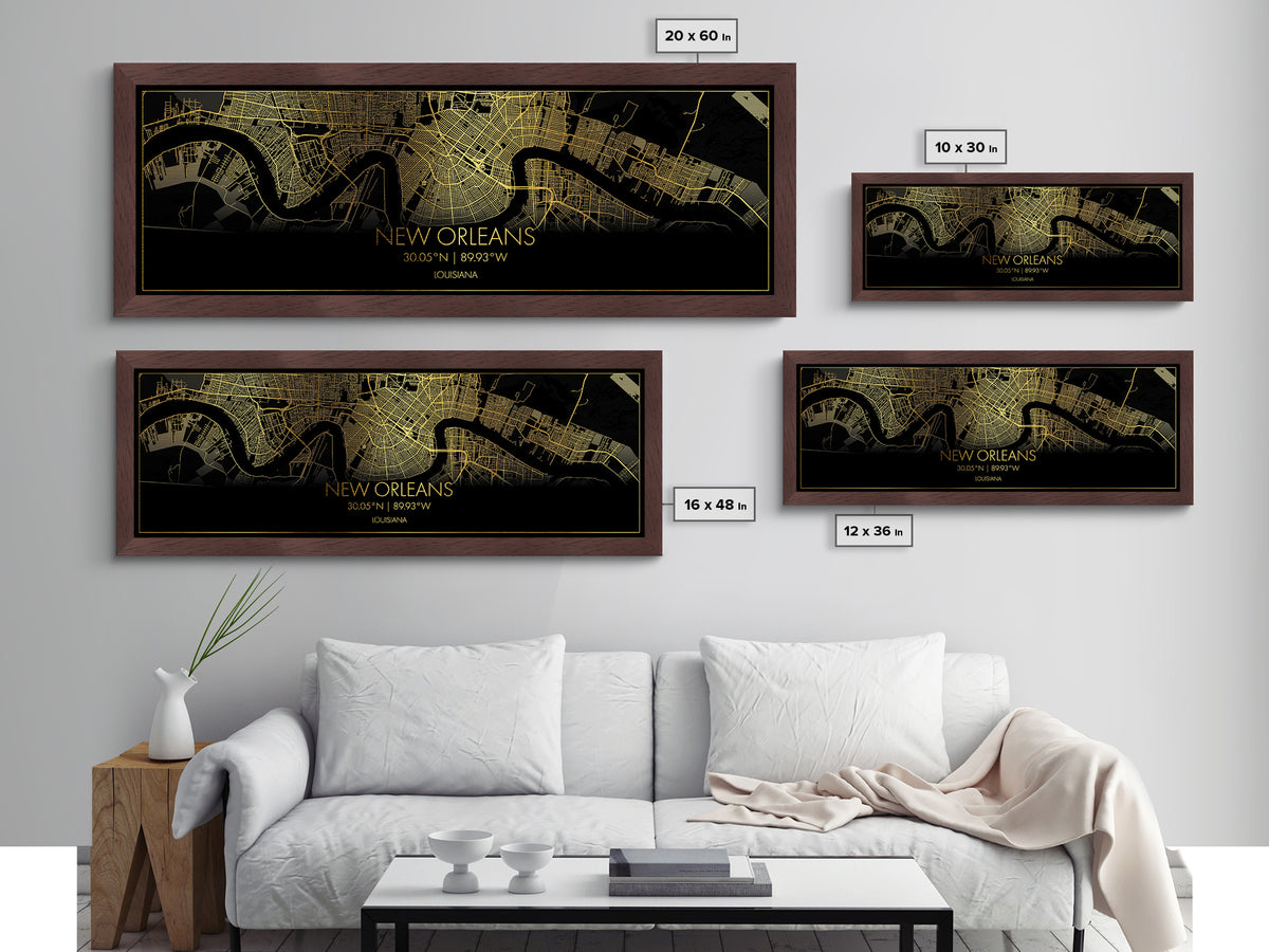 New Orleans Louisiana City street map, Panoramic art, black and gold, Metallic Gold Print, Metal Art, real wood frames, Housewarming Gift