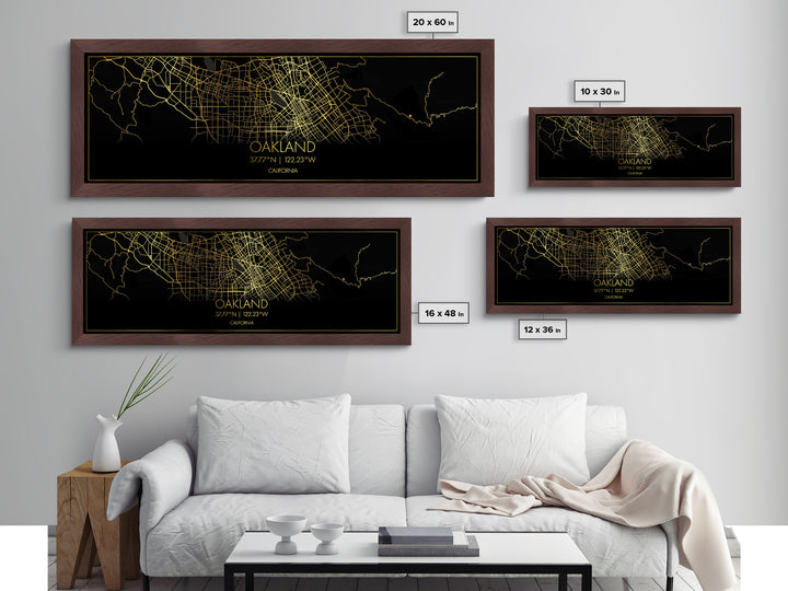 Oakland California City Poster, Panoramic street map, black and gold, Metallic Gold Art, Metal Art, wood framed map, City Road Map Poster