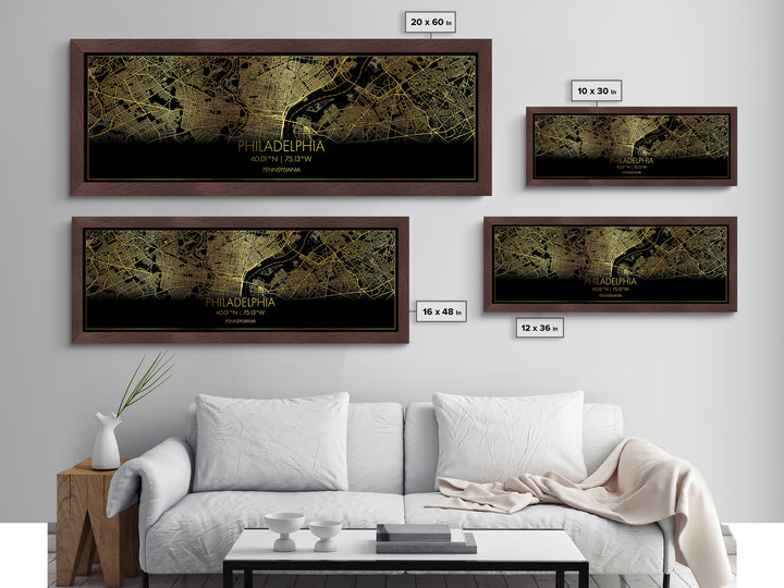 Philadelphia Pennsylvania City Poster, Panoramic street map, black and gold, Metallic Gold Art, Metal Art, wood framed map, Street Map Art
