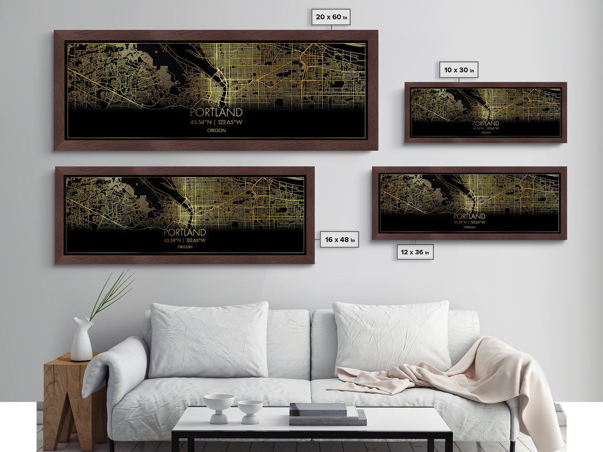 Portland Oregon City Poster, Panoramic street map, black and gold, Metallic Gold Art, Metal Art, wood framed map, Minimalist Wall Art