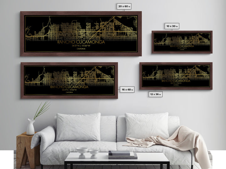 Rancho Cucamonga California street map, Panoramic art, black and gold, Metallic Gold Print, Metal Art, real wood frames, Housewarming Gift