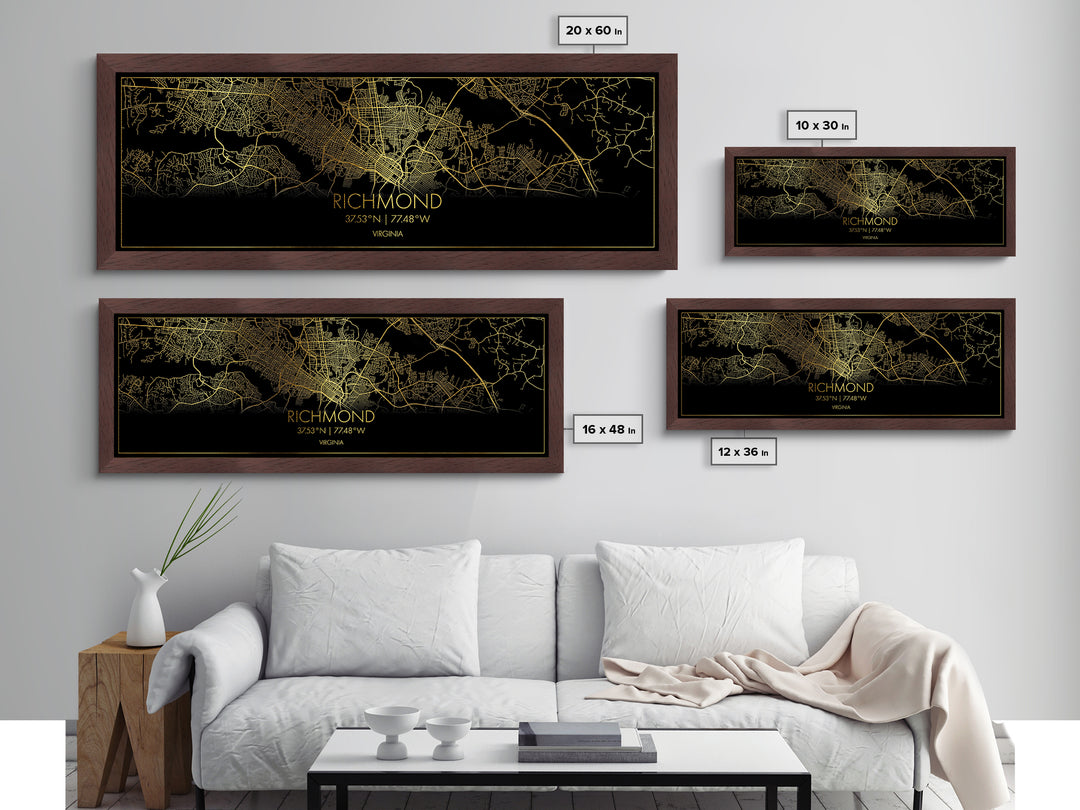 Richmond Virginia City street map, Panoramic art, black and gold, Metallic Gold Print, Metal Art, real wood frames, Street Map Art
