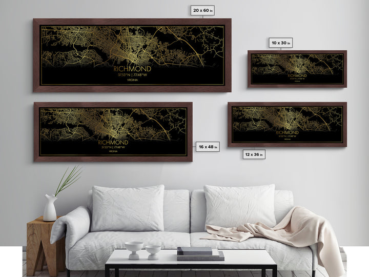 Richmond Virginia City street map, Panoramic art, black and gold, Metallic Gold Print, Metal Art, real wood frames, Street Map Art