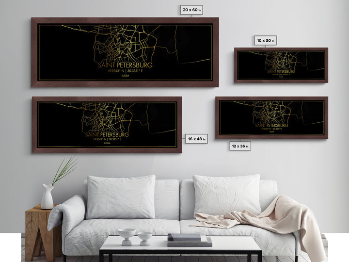 Saint Petersburg Russia City street map, Panoramic art, black and gold, Metallic Gold Print, Metal Art, real wood frames, Housewarming Gift