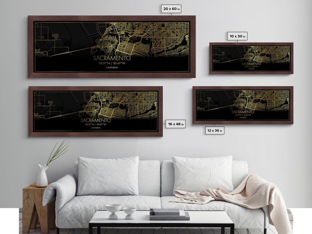 Sacramento California City Poster, Panoramic street map, black and gold, Metallic Gold Art, Metal Art, wood framed map, Minimalist Wall Art
