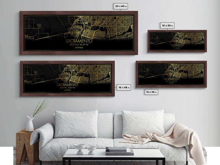 Sacramento California City Poster, Panoramic street map, black and gold, Metallic Gold Art, Metal Art, wood framed map, Minimalist Wall Art