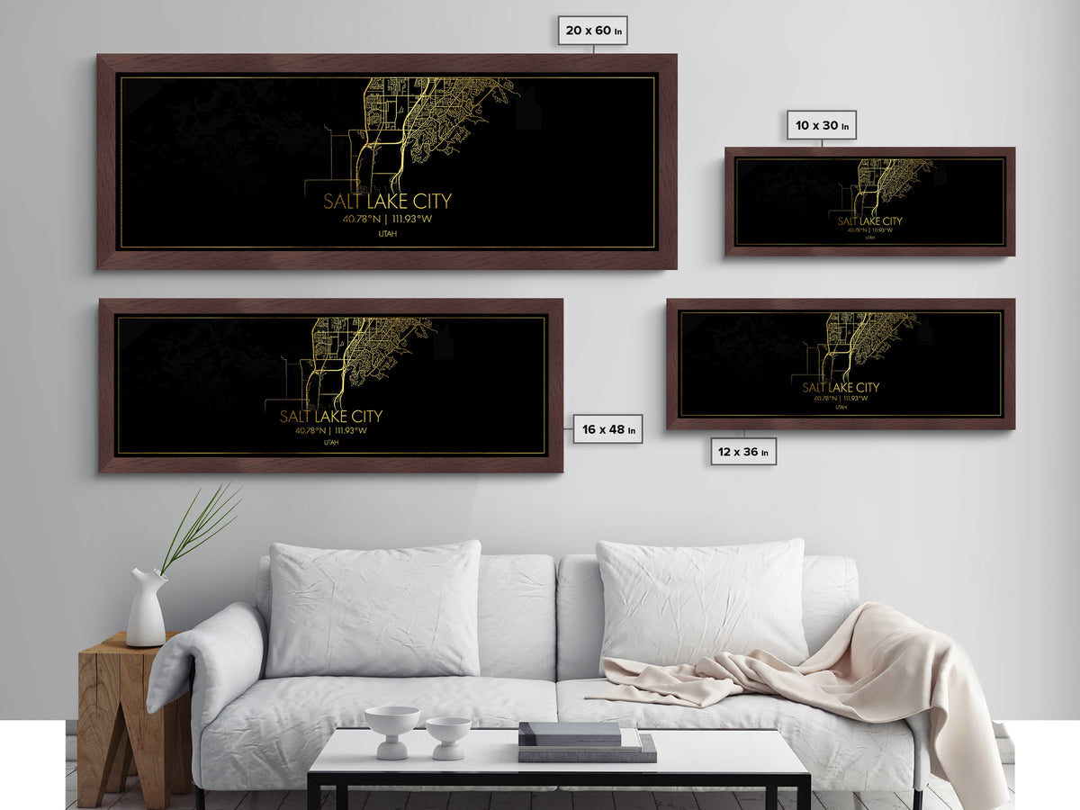 Salt Lake City Utah map, Panoramic art, black and gold, Metallic Gold Print, Metal Art, real wood frames, Modern Wall Art, Map Print Poster