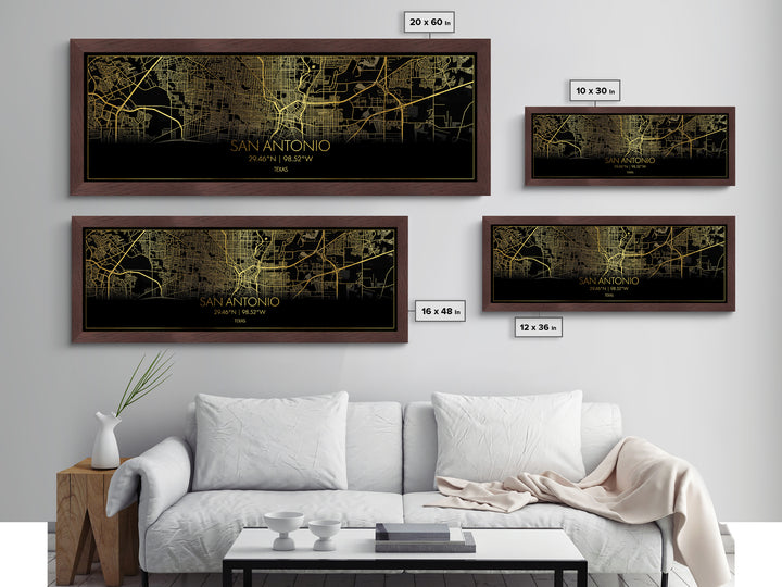 San Antonio Texas Poster, Panoramic street map, black and gold, Metallic Gold Art, Metal Art, wood framed map, Best Friend Gifts
