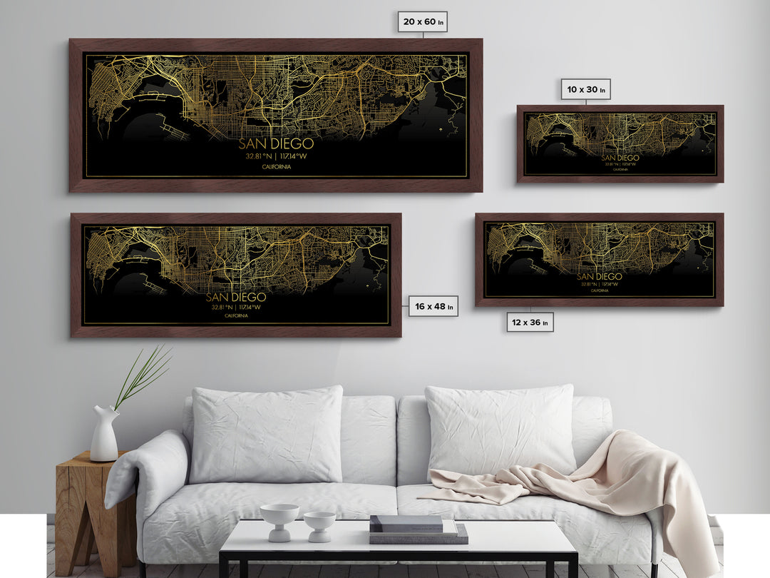 San Diego California City Poster, Panoramic street map, black and gold, Metallic Gold Art, Metal Art, wood framed map, City Map Print Poster