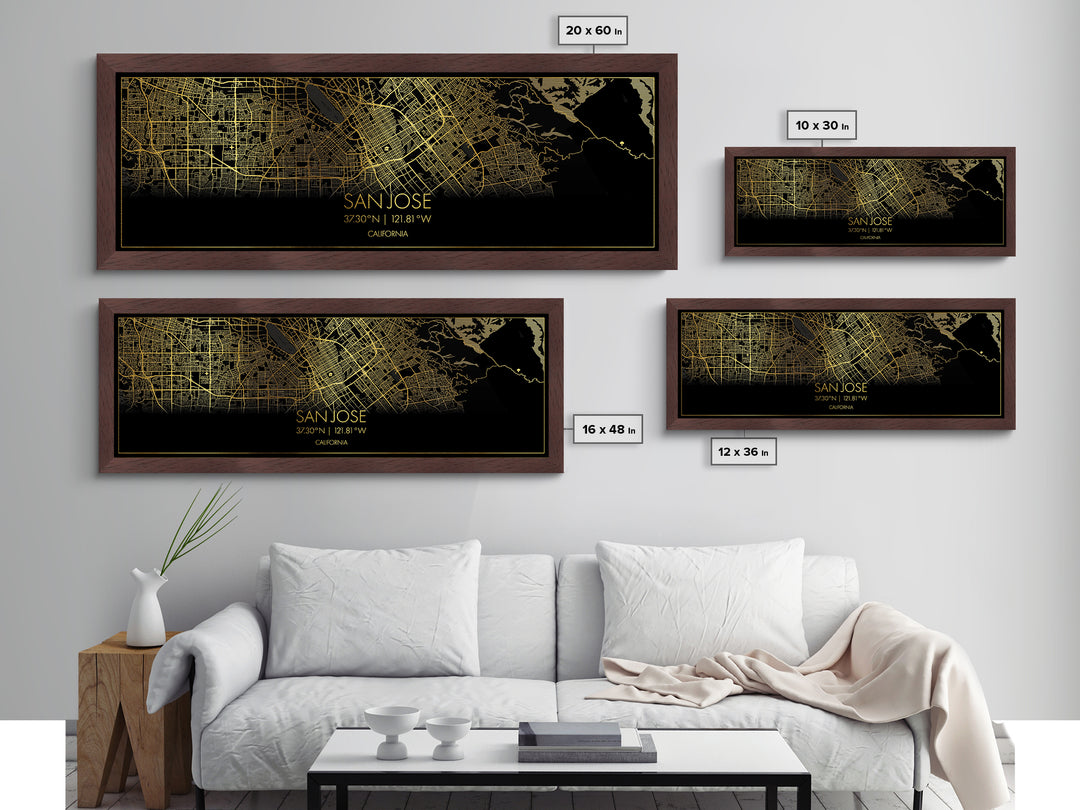 San Jose California City Poster, Panoramic street map, black and gold, Metallic Gold Art, Metal Art, wood framed map, Map Print Poster