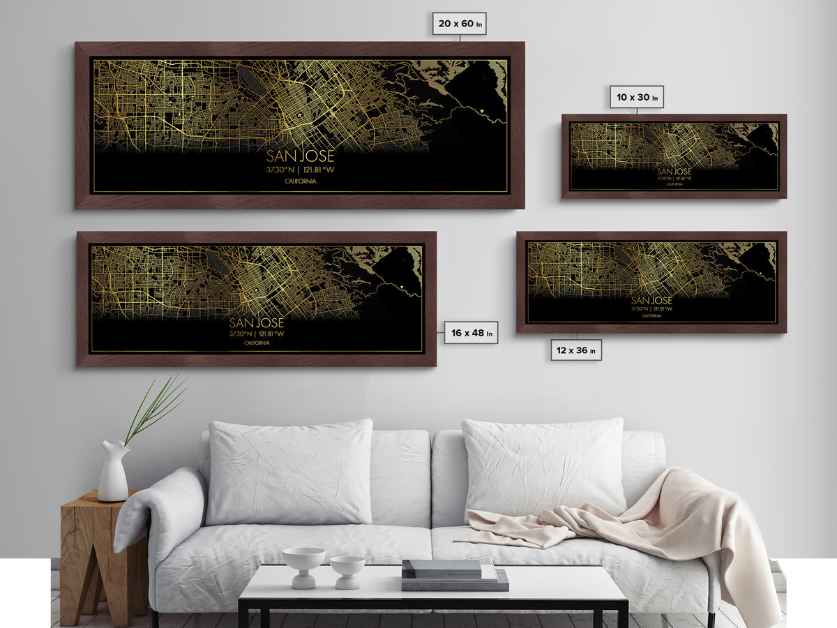San Jose California City Poster, Panoramic street map, black and gold, Metallic Gold Art, Metal Art, wood framed map, Map Print Poster