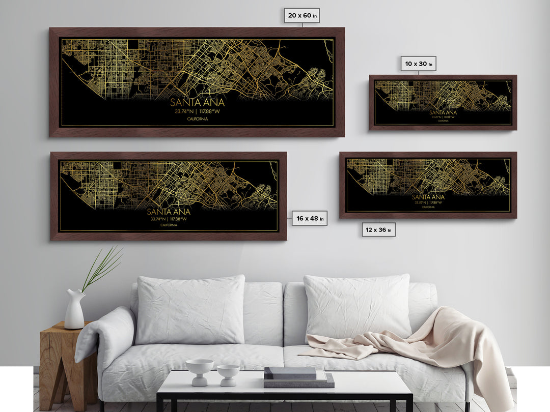 Santa Ana California City street map, Panoramic art, black and gold, Metallic Gold Print, Metal Art, real wood frames, Office Décor