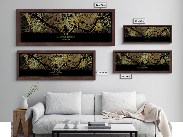 Seoul South Korea City Poster, Panoramic street map, black and gold, Metallic Gold Art, Metal Art, wood framed map, Modern Wall Art