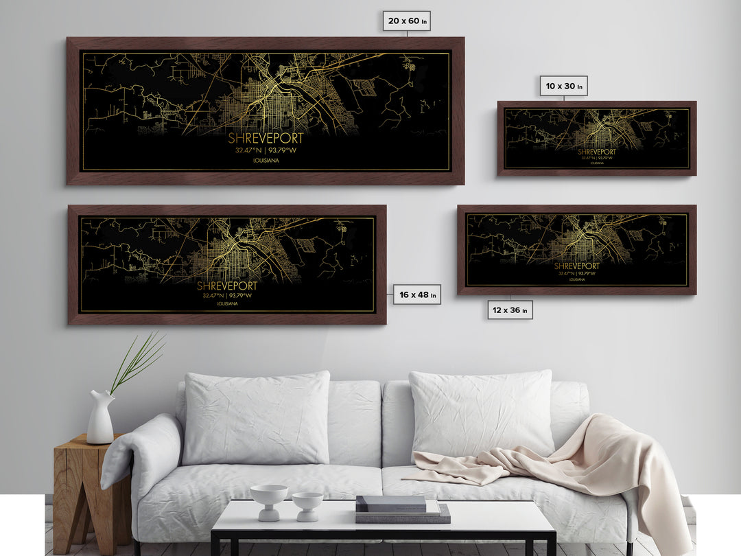 Shreveport Louisiana City street map, Panoramic art, black and gold, Metallic Gold Print, Metal Art, real wood frames, Housewarming Gift
