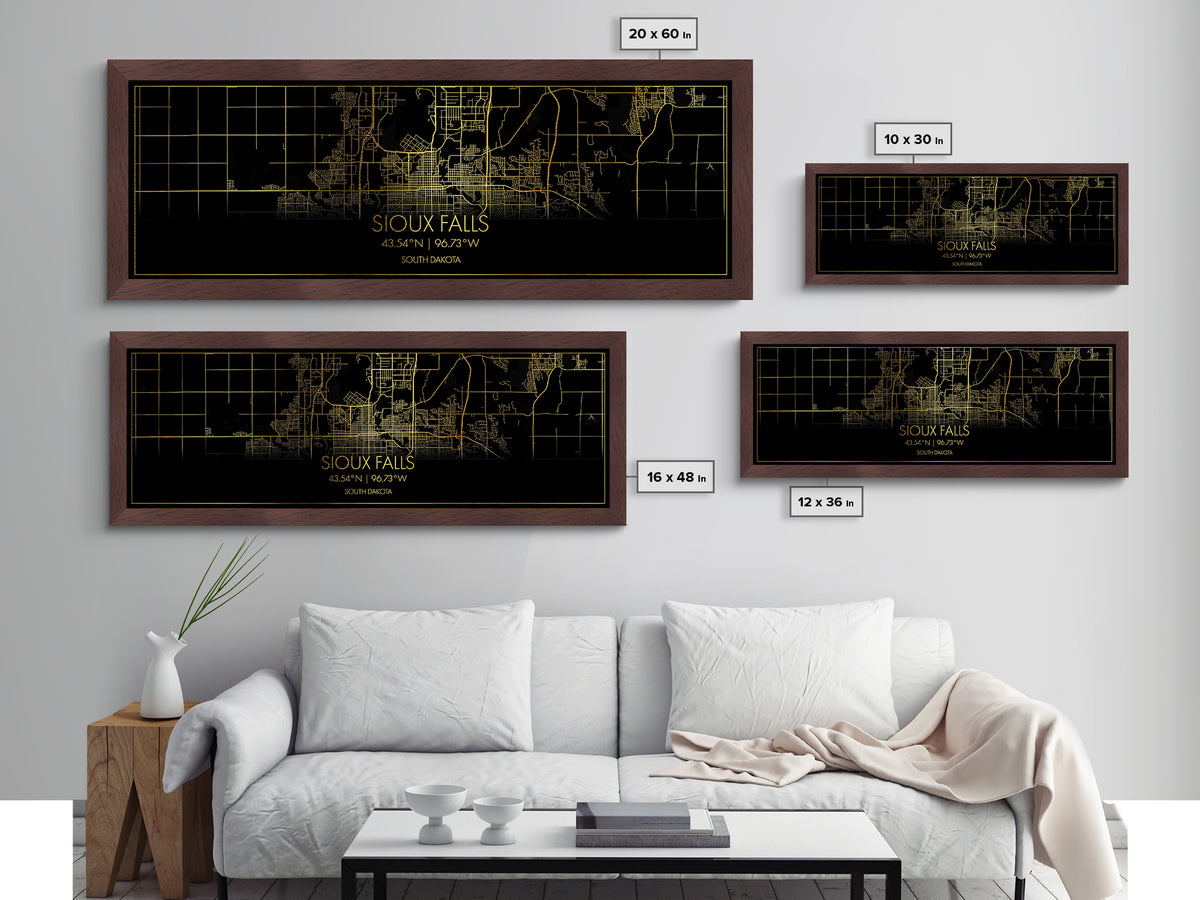 Sioux Falls South Dakota City street map, Panoramic art, black and gold, Metallic Gold Print, Metal Art, real wood frames, Best Friend Gifts