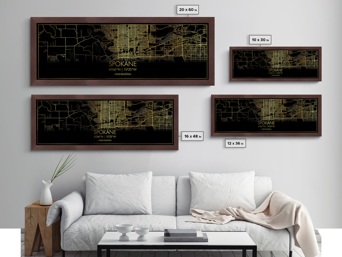 Spokane Washington City street map, Panoramic art, black and gold, Metallic Gold Print, Metal Art, real wood frames, Office Décor