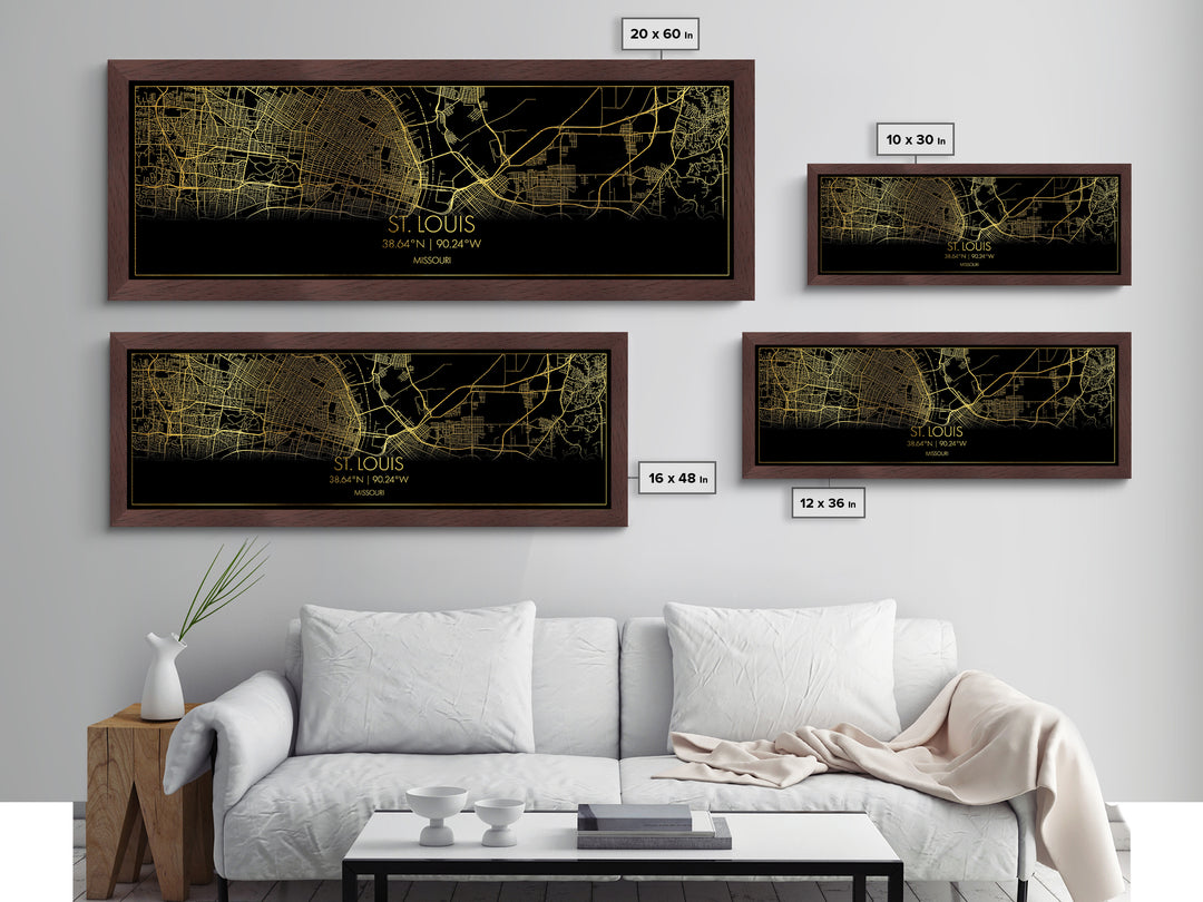 St. Louis Missouri map, Panoramic art, black and gold, Metallic Gold Print, Metal Art, real wood frames, Housewarming Gift, Map Print Poster