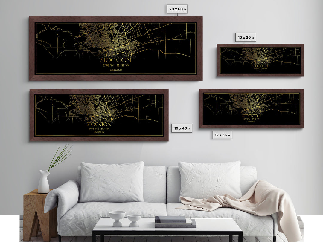 Stockton California City street map, Panoramic art, black and gold, Metallic Gold Print, Metal Art, real wood frames, Map Print Poster