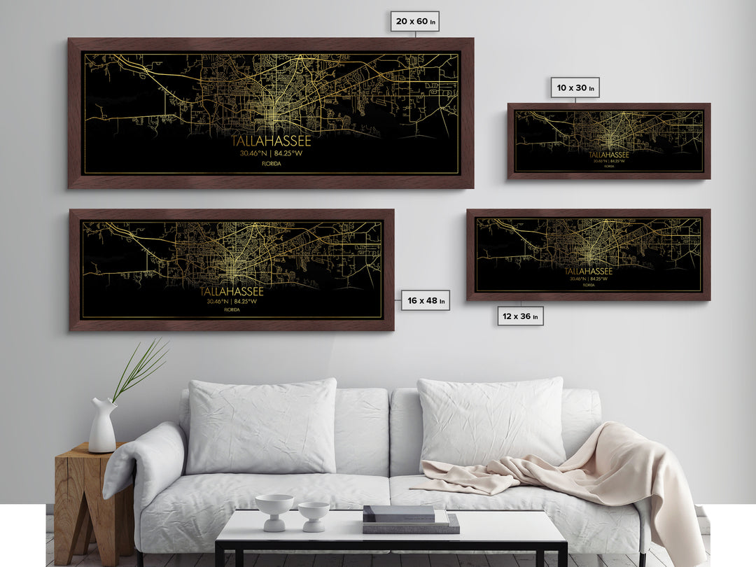 Tallahassee Florida City Poster, Panoramic street map, black and gold, Metallic Gold Art, Metal Art, wood framed map, Housewarming Gift