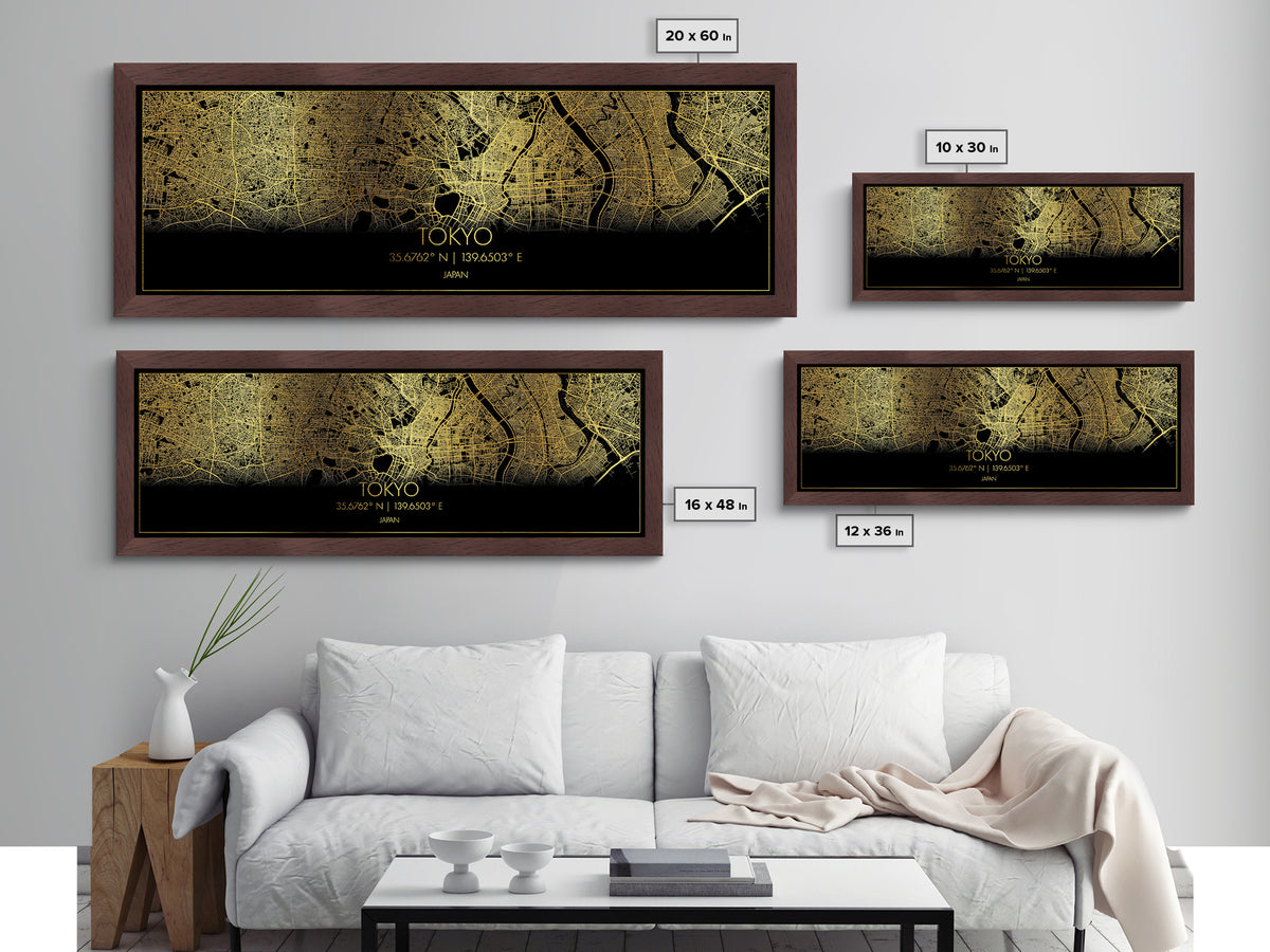 Tokyo Japan City street map, Panoramic art, black and gold, Metallic Gold Print, Metal Art, real wood frames, College Dorm Décor