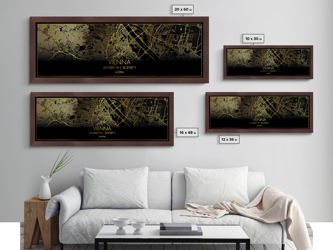 Vienna Austria City street map, Panoramic art, black and gold, Metallic Gold Print, Metal Art, real wood frames, Street Map Art, Wall Art