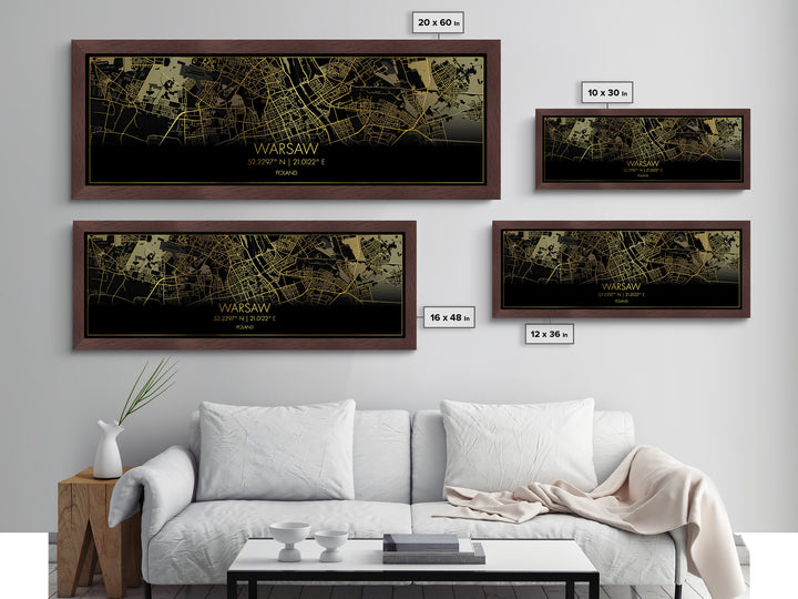 Warsaw Poland City street map, Panoramic art, black and gold, Metallic Gold Print, Metal Art, real wood frames, College Dorm Décor