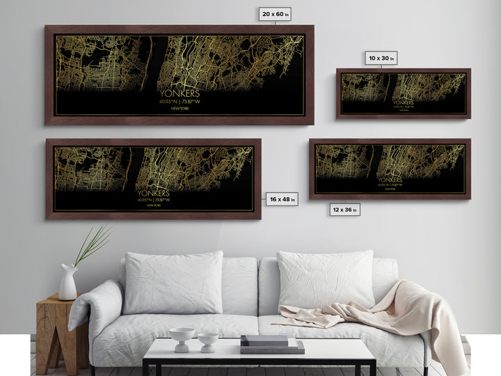 Yonkers New York City street map, Panoramic art, black and gold, Metallic Gold Print, Metal Art, real wood frames, Modern House Art