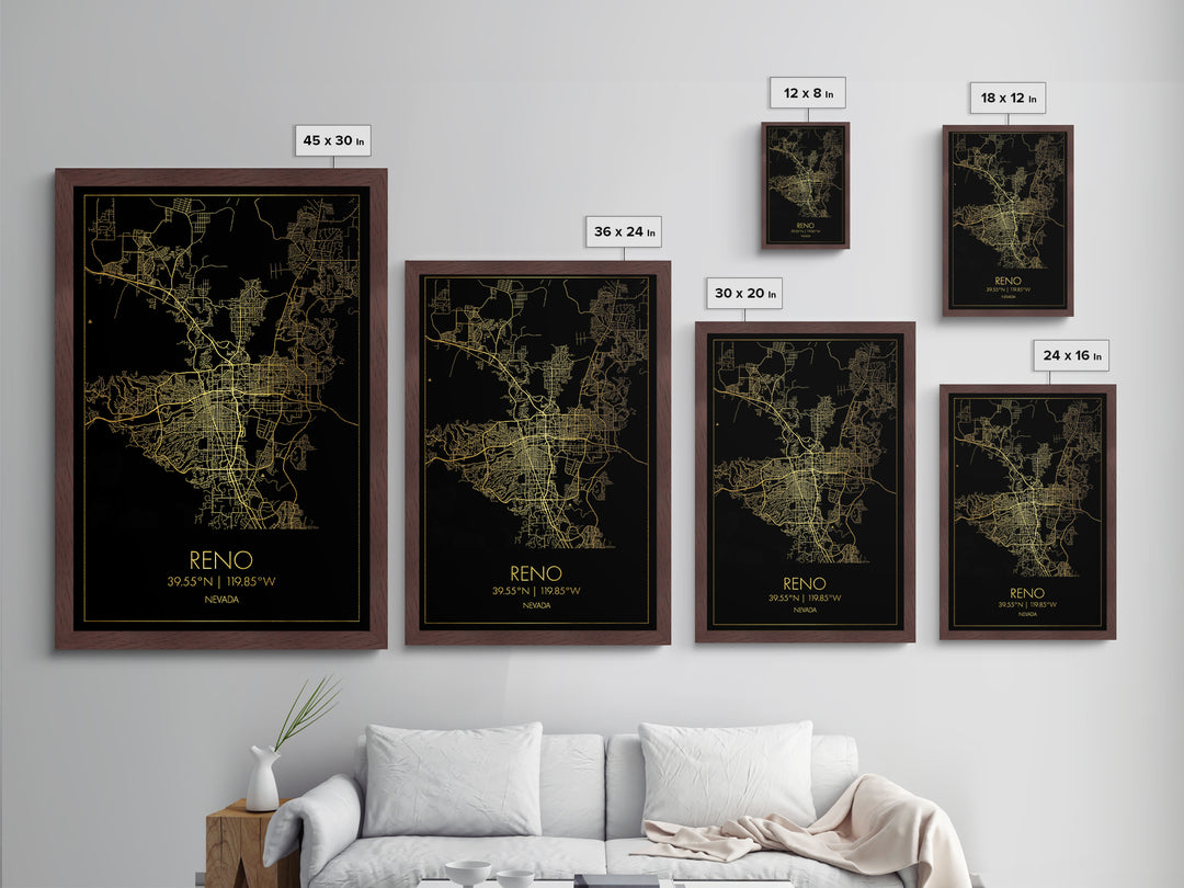 Reno Nevada City street map, Metallic Gold Print, Metal Art, wood framed map, black and gold, Street Map Wall Art, Closing Gift