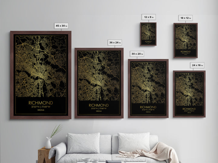 Richmond Virginia City Poster, Metallic Gold Art, Metal Art, real wood frames, black and gold, Map Art, Best Friend Gifts