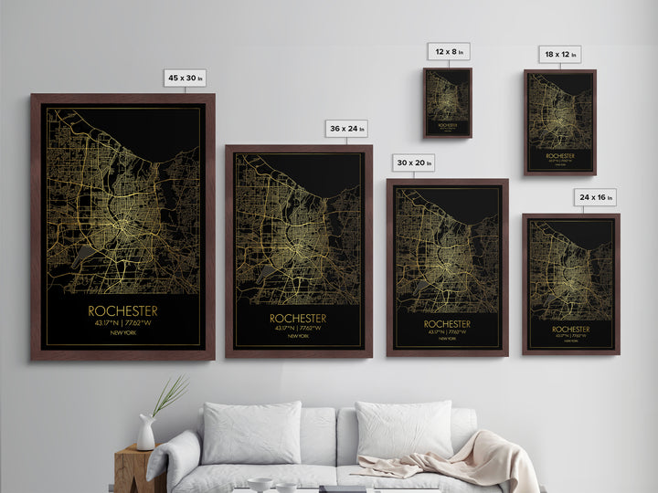 Rochester New York City street map, Metallic Gold Print, Metal Art, wood framed map, black and gold, Map Art, Closing Gift