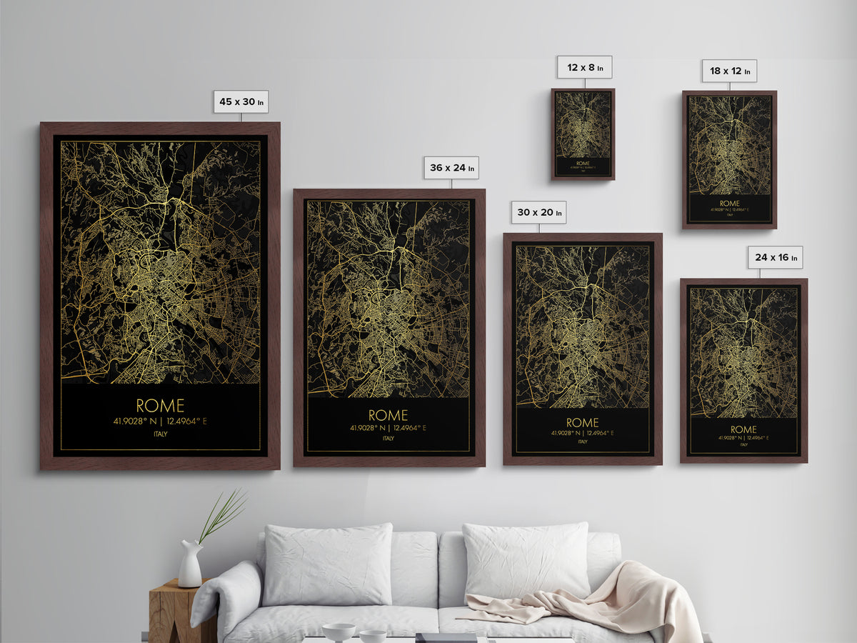 Rome Italy City Poster, Metallic Gold Art, Metal Art, real wood frames, black and gold, Street Map Wall Art, Housewarming Gift