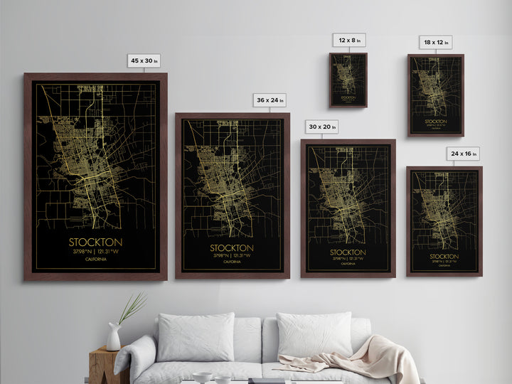 Stockton California City street map, Metallic Gold Print, Metal Art, wood framed map, black and gold, Street Map Art, Office Decor