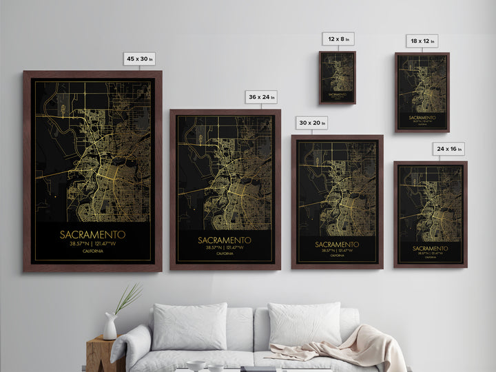 Sacramento California City street map, Metallic Gold Print, Metal Art, wood framed map, black and gold, Gold Street Map Art, Modern Wall Art
