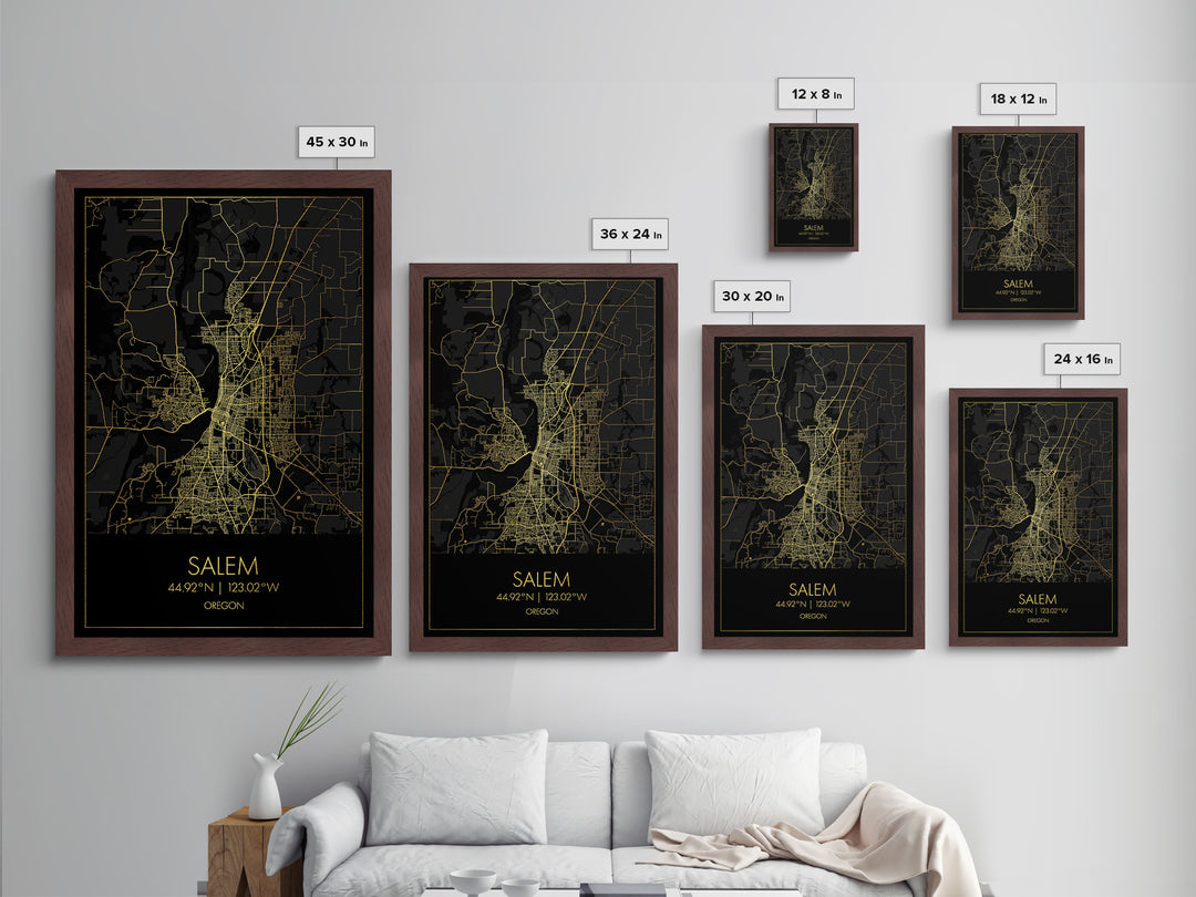 Salem Oregon City street map, Metallic Gold Print, Metal Art, wood framed map, black and gold, Street Map Art, Office Decor